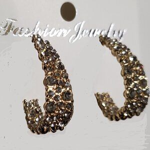 NWT - Fashion Statement Gold & Lt. Grey Rhinestone J-Hoop Earrings